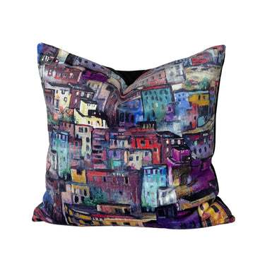 Positano velvet cushion with colorful houses on dark velvet